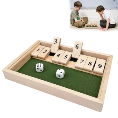 Imagen de Chiluxendo Shut The Box Wooden Board Game para 2 Jugadores, Clásico Juego de Dados Madera con Números Matemáticos Dados, Mesa 9 Números, Bares, Fiestas