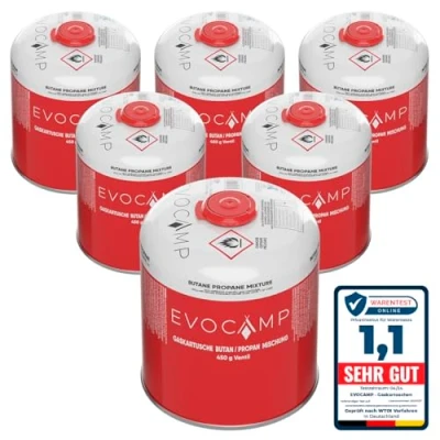 Imagen de EVOCAMP 6X cartucho de gas Propano Butano 450g, rosca europea 7/16&quot;, botellas para camping 809ml, bombona gas, puede utilizarse barbacoas Weber la serie Q100/1200