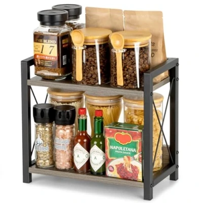 Imagen de ANBOXIT Organizador de Barra Café, Estación Café para Encimera, Cocina Madera 2 Niveles, Pequeño Especias Cocina, Oficina, Hogar Gris