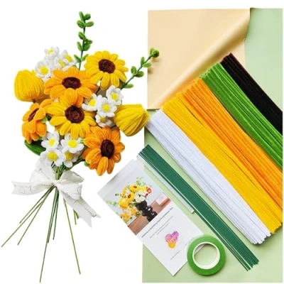 Imagen de YYUENGTAK Limpiapipas de Ramo Girasol tuberías para manualidades, Alambre chenillas juego 210 flores Kit manualidades con 5 colores y instrucciones