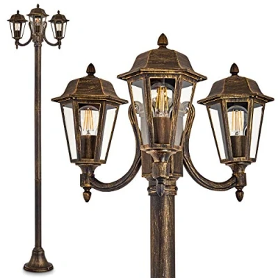 Imagen de NATAL lámpara de exterior, candelabro en aspecto antiguo, aluminio fundido negro/oro con cristales, camino 3 brazos 210 cm, jardín retro/vintage, E27, IP44, sin bombilla(s)