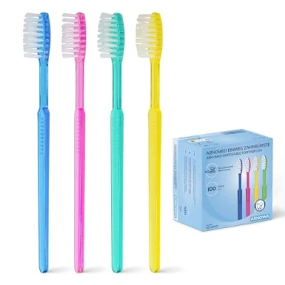Imagen de 100x ARNOMED cepillos de dientes desechables con pasta dientes, envueltos individualmente, cepillo rojo, azul, verde y amarillo, juego viaje, incl. sabor a menta