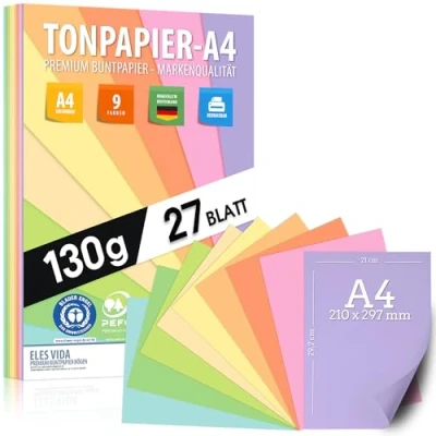 Imagen de 27 hojas de papel dibujo pastel DIN A4 130 g 9 colores liso para la escuela, hobby accesorios manualidades regalos,