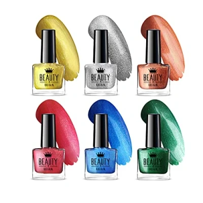 Imagen de Beauty4Britain Set de Esmaltes Uñas Glam &amp; Shimmer 6 Tonos Impresionantes para Vibrantes y Brillantes Fórmula Larga Duración, 10 ml Cada Uno