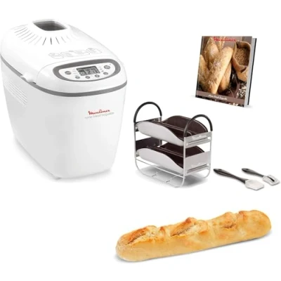 Imagen de Moulinex OW6101 Home Baguette Panificadora de 1650 W, 16 programas, hasta 1.5 kg, inicio programado, mantenimiento caliente, incluye bandejas para baguette, 2 aspas amasar y recetario, blanco