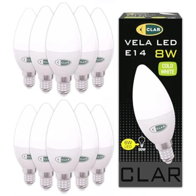 Imagen de CLAR Bombilla LED E14, Bombillas Vela, Vela Casquillo Fino, LED, E14 Luz Fria, 8W (Pack 10)