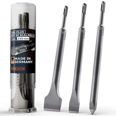 Imagen de Presch SDS plus Juego de Cinceles 3 pzs. compuesto por cincel plano, ancho y puntiagudo Puntas extremadamente robustas duraderas (longitud 140 mm) para golpes potentes