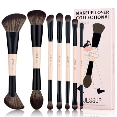 Imagen de Jessup Brochas de Maquillaje Doble Punta,14 en 7 Pinceles Cara para Base,Difuminado,Rubor,Sombra ojos,Contorno y Polvos Faciales Ojos Peach Dust T600