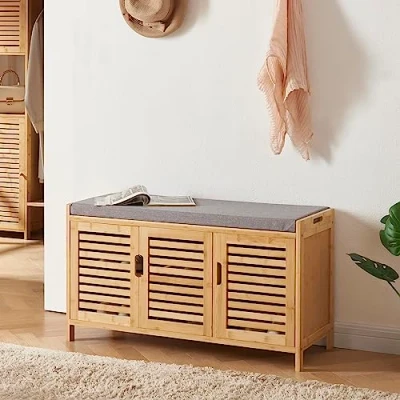 Imagen de [en.casa] Banco Zapatero para Entrada Recibidor con Puertas de Rejilla Buena Ventilación Asiento Tapizado Ahorrar Espacio Bambú Tela 50 x 90 35 cm Gris y Color Natural