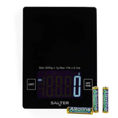 Imagen de Salter báscula de cocina alta capacidad 10 kg, gran pantalla digital, función agregar y pesar cero, mide líquidos, plataforma vidrio, para alimentos, SA00644FEU12