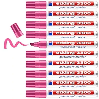 Imagen de edding 3300 marcador permanente rosa 10 rotuladores punta biselada 1 5 mm indeleble de secado rápido resistente al agua y a los borrones cartón, plástico, madera, metal, tela universal