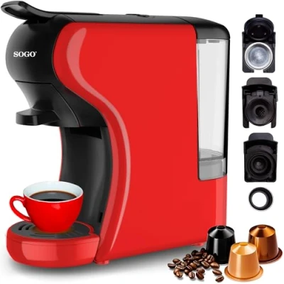 Imagen de SOGO CAFETERA EXPRESO 3 EN 1 Adaptadores para las principales Marcas Cápsulas Café Molido, Monodosis, Té Presión de 19 Bar Tamaño Compacto (SS 5675) (Rojo)