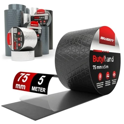 Imagen de Cinta adhesiva impermeable de butilo, 7,5 cm x 5 m, color negro, alta calidad, autoadhesiva, con lámina aluminio, resistente al envejecimiento, a la corrosión, los rayos