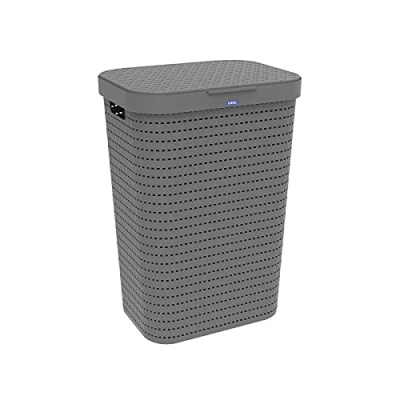 Imagen de Rotho Country Cesta de lavandería 55l con tapa en aspecto ratán, Plástico (PP) sin BPA, antracita, (42.0 x 32.2 57.7 cm)