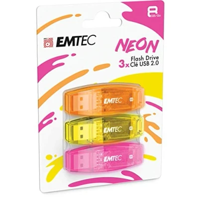 Imagen de EMTEC Memoria Flash USB 2.0 C410, Drive de 8 GB, Lectura 5 MB/S, Escritura 15 Compatible con 2.0, 3.0, Transparente neón Tapa, Paquete 3