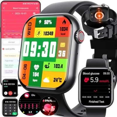 Imagen de Fohatu 𝐆𝐥𝐮𝐜𝐨𝐬𝐚𝐞𝐧𝐬𝐚𝐧𝐠𝐫𝐞 Reloj Inteligente Llamada Bluetooth Fitness Spo2 Frecuencia Cardiaca Ácido Úrico Lípidos En Sangre Monitor,130+ Deporte, Smartwatch para Android iOS,Black3