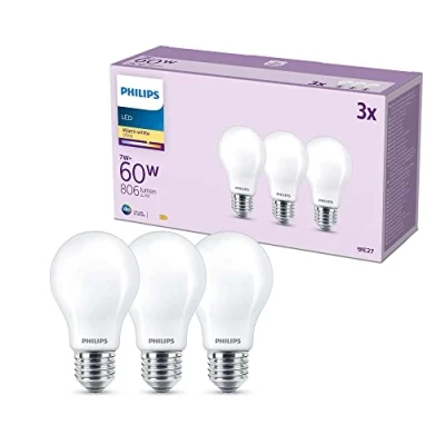 Imagen de Philips Bombilla LED A60 7W (Eq. 60W) 806 lúmenes, casquillo E27, Luz Blanca Cálida (2700k) Pack 3 Bombillas