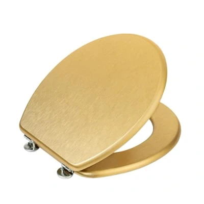 Imagen de WENKO Aldeno Asiento para inodoro (37 x 41 cm, madera de densidad media, con fijación acero inoxidable, laminado, estructura color dorado mate, tapa 37 cm)