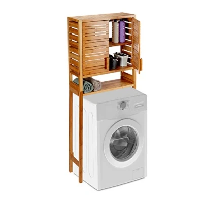 Imagen de Relaxdays, 164 X 66 26 cm Armario para Lavadora, De pie, Puerta laminada, Tres estantes, Alto, Marrón, Bambú, 164,5
