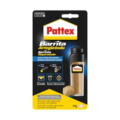 Imagen de Pattex Barrita Arreglatodo, masilla bicomponente especial madera, pasta moldeable para pegar y reparar, resina epoxi barnizable lijable varias maderas, tubo 48 g