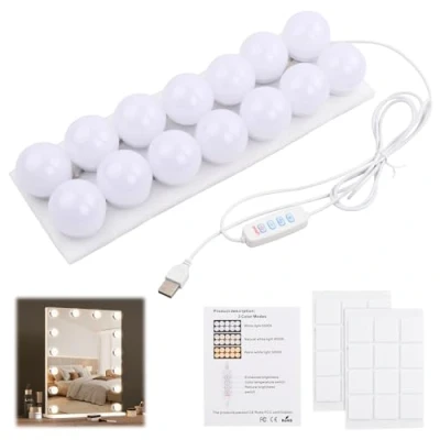 Imagen de Jinlaili 14 Bombillas Regulables, Luces de Espejo Maquillaje, Lámparas para el LED, 3 Color y 9 Brillo, Led Lámpara Espejo, Tocador, Vanidad Maquillaje