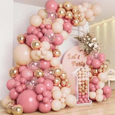 Imagen de Kit de arco globos en tonos rosas (rosa vintage, naranja suave y dorado) para mujer, ideal decoración cumpleaños, fiestas llegada del bebé, despedidas soltera bodas