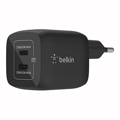 Imagen de Cargador Belkin BoostCharge Pro WCH011vfBK, Universal, de pared USB C® GaN doble con PPS 45 W, Negro