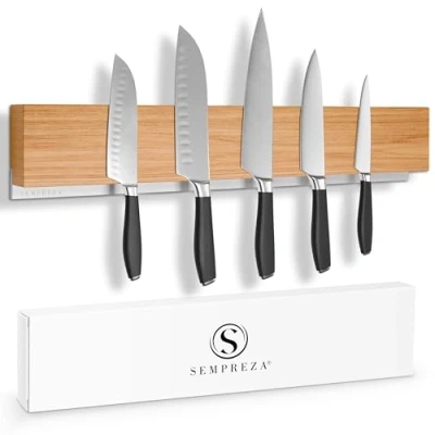 Imagen de SEMPREZA® Barra magnética para cuchillos, 40 cm, madera de roble y acero inoxidable, pegar o atornillar, soporte magnético autoadhesivo