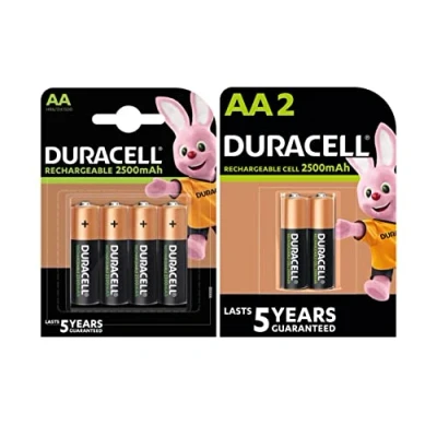 Imagen de 6 pilas recargables Duracell AA, 2500 mAh (1 blíster de 4 + 1 2 baterías)