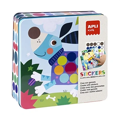 Imagen de APLI Kids 18814 Juego de gomets multicolores en caja metálica modelo PERROS pegatinas para completar las ilustraciones
