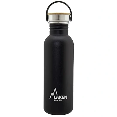 Imagen de LAKEN Botella Agua Acero Inoxidable con Tapón Bamboo y Boca Ancha, (0,75L Negro) Reutilizable, Ideal para Montaña, Camping, Deportes más