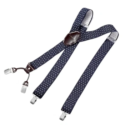 Imagen de DonDon tirantes hombre anchos 3,5 cm con 4 clips extra fuertes para pantalones y parche de cuero marrón Rombos azul blanco