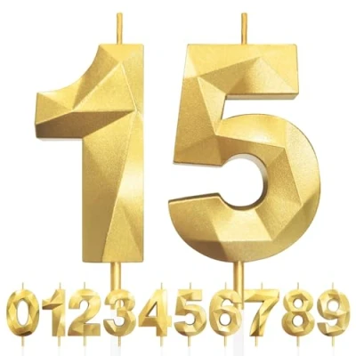 Imagen de Velas de 15 Cumpleaños Dorado, 3D Número 15, Vela para Pasteles, Feliz Cumpleaños,Velas Decoraciones Cumpleaños, Fiestas, Bodas, Aniversarios