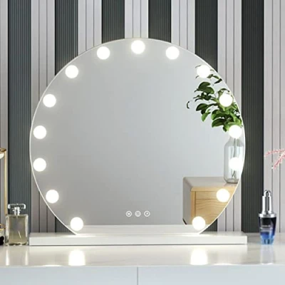 Imagen de Espejo De Mesa Con Luz LED, Beauty Para Maquillarse, Fuente Tricolor,luz Fría,luz Cálida,luz Natural, Bombilla, Tocador Redondo, Oro, Negro, Blanco ( Color : White ,