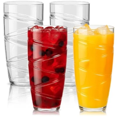 Imagen de HEFTMAN Juego de 4 Vasos plástico acrílico 550 ml con diseño remolino reutilizables para jardín, picnics, camping, barbacoas, fiestas piezas (Transparente)