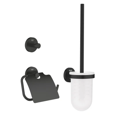Imagen de GROHE Start Quickfix Conjunto de accesorios baño 3 en 1 (Escobillera pared, colgador y portarrollos), Negro Mate 412042430