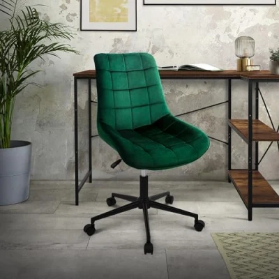 Imagen de ML Design Silla de Oficina Verde Asiento Ergonómico Acolchado Tapizado Terciopelo, Patas Metal con Ruedas Sillón Moderno para Mesa Salón Escritorio Dormitorio o Cocina, Altura Ajustable