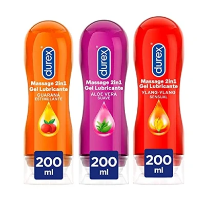 Imagen de Durex Triplo Pack Gel Lubricante Massage 2 En 1 De Masaje Y Íntimo Aloe Vera, Guaraná Ylang 3x200 ml