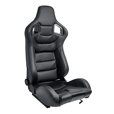 Imagen de AUTO STYLE Asiento Deportivo &#039;RK&#039; Cuero Artificial Negro + Costura Plateada Respaldo Ajustable de Doble Cara incl. Correderas