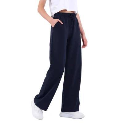 Imagen de COMEOR pantalones de chándal para mujer, largos algodón, sueltos con cintura elástica y pierna recta, azul oscuro, L