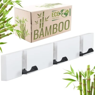 Imagen de RICOO Colgador de Pared Bambú y Acero, Elegante Espacioso, MH023S W Percha Pared, Perfecto para Habitaciones Entradas Barra con 3 Ganchos, 2x30x5,5 cm, Blanco