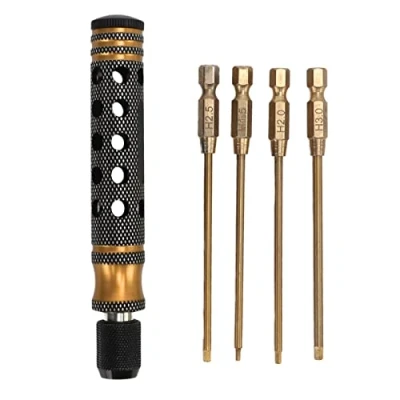 Imagen de Kit de Herramientas Reparación 4 en 1 RC, Juego Puntas Destornillador Tuerca Hexagonal 1,5mm, 2mm, 2,5mm, 3mm, Cabeza Plana, Hexagonales, Destornilladores, Herramientas(Oro)