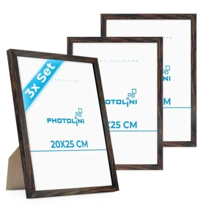 Imagen de PHOTOLINI marcos 20x25 cm madera MDF roble oscuro, set de 3 para pósteres, cristal acrílico, colgar y poner pie, incluye accesorios fotos, láminas pósteres