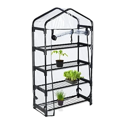 Imagen de Relaxdays Invernadero Balcón, Lona PVC, Acero, 125 x 69 29 cm, Estantería Hibernación 4 Baldas, Negro/Transparente, Tablero de Fibras