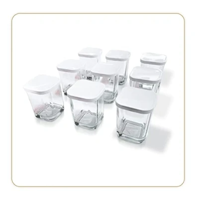 Imagen de LITTLE BALANCE 8558 Juego de 9 tarros yogur, vasos cristal 145 ml con tapa clip, para todos tus postres, aperitivos