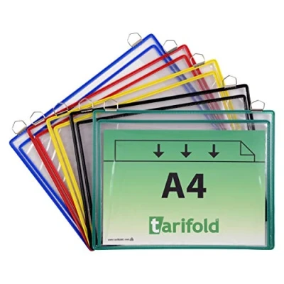 Imagen de TARIFOLD Es 340009 Pack de 5 fundas Bolsas para colgar A4 horizontal con fuelle (gran capacidad: documentos, manuales, herramientas) 2 anillas metálicas PVC marco colores surtidos