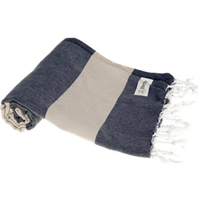 Imagen de Bersuse 100% Algodón Cayman Toalla Turca Fouta de Baño y Playa Oeko Tex 95 x 175 cm, Azul Oscuro/Beige