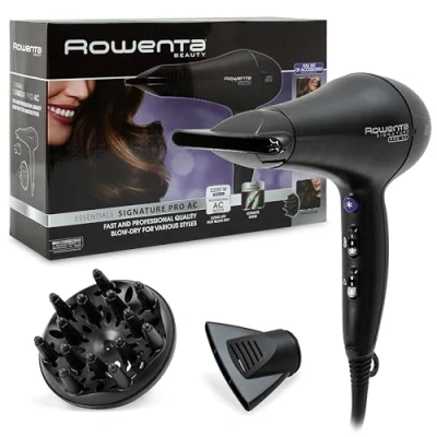 Imagen de Rowenta Signature Pro CV7840 Secador de pelo profesional, motor AC 2200W, función Iónica, 2 Velocidades y 3 Ajustes temperatura con boquillas concentradoras difusor, Color Negro