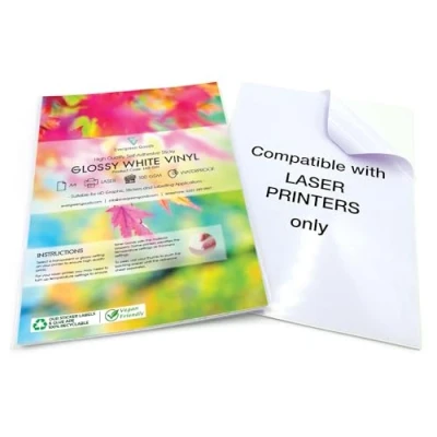 Imagen de Evergreen Goods Ltd 20 Hojas A4 Blanco Brillante Impermeable (PVC) Papel Autoadhesivo de Vinilo, Compatible con Impresoras Láser, para Impresión Pegatinas Alta Definición