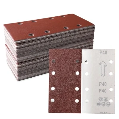 Imagen de Juego de 64 hojas lija, 93 x 185 mm, 8 agujeros, papel lija grano 40/60/80/100/120/180/240/400, accesorios para lijadora múltiple, orbital, madera, metal y pintura